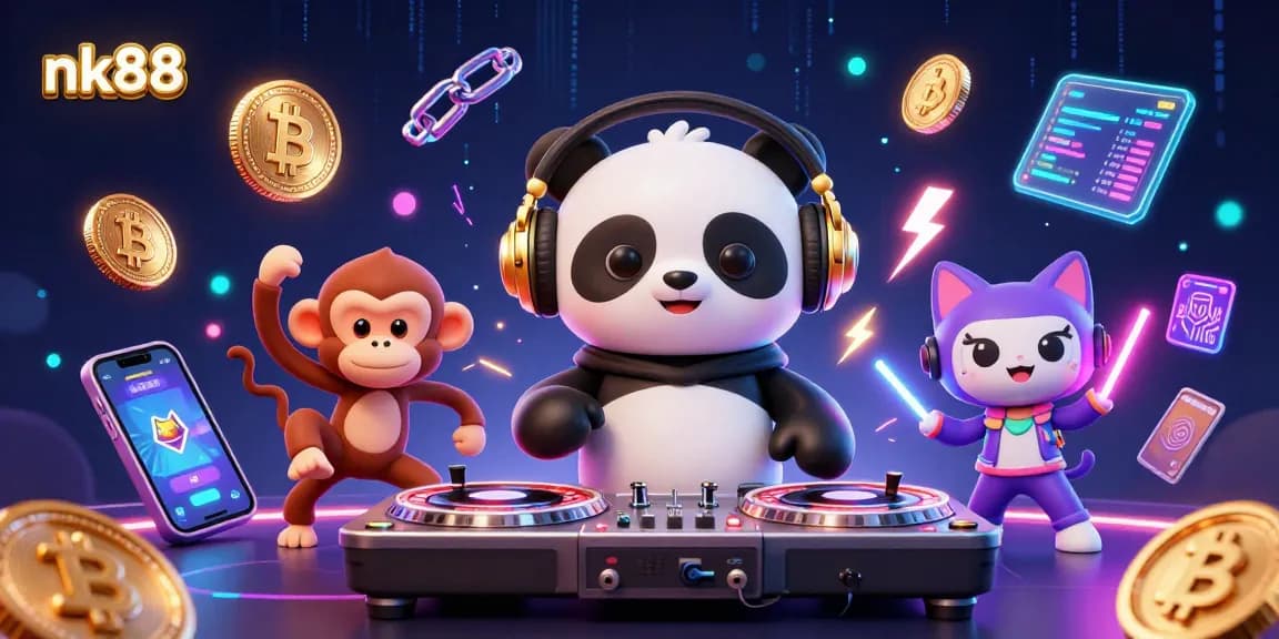 Spin and win with nk88 in an electrifying casino scene featuring a DJ panda and vibrant dance elements.