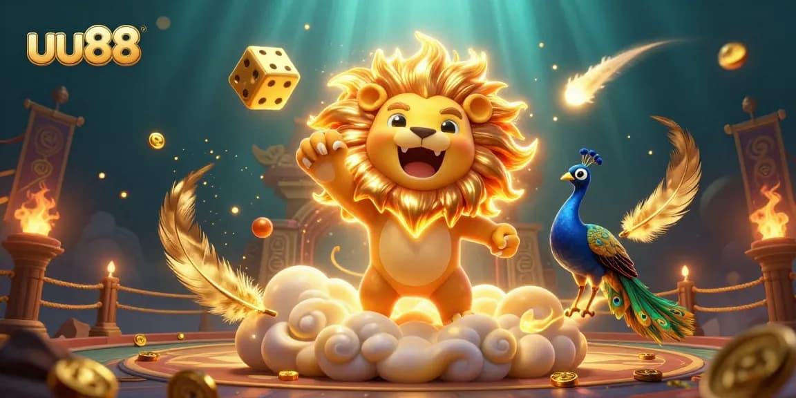 Join the excitement of uu88 with a vibrant 3D casino scene filled with iconic game elements.