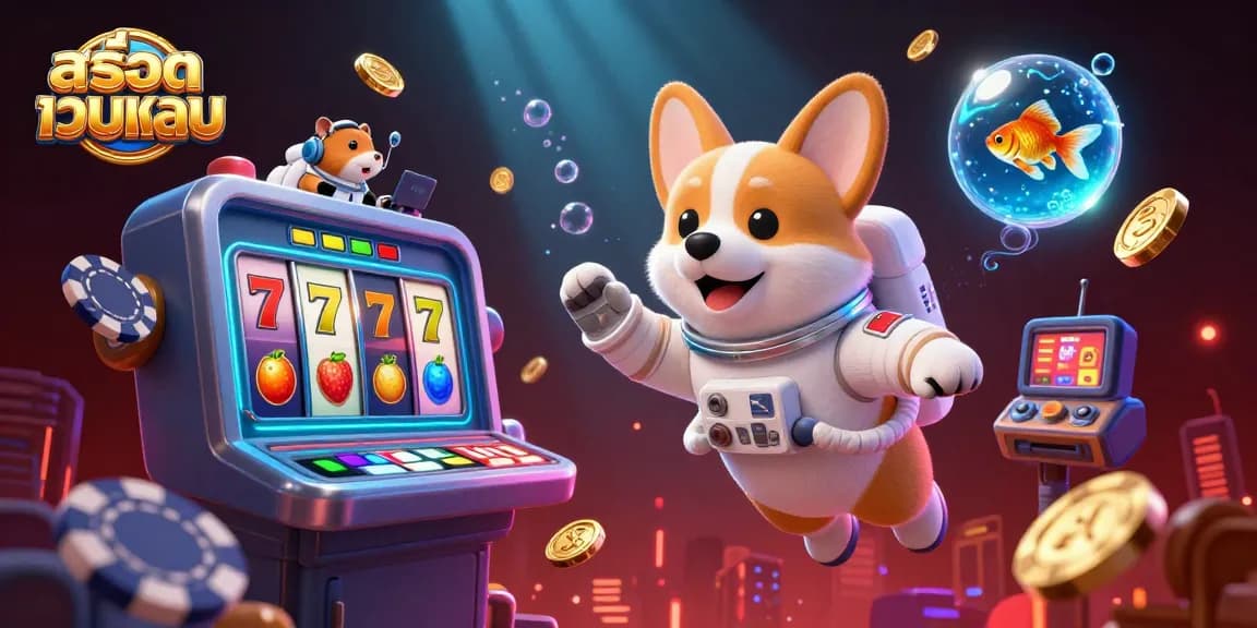 Play สล็อตเว็บตรง in a vibrant 3D casino scene featuring a floating corgi and golden coins.