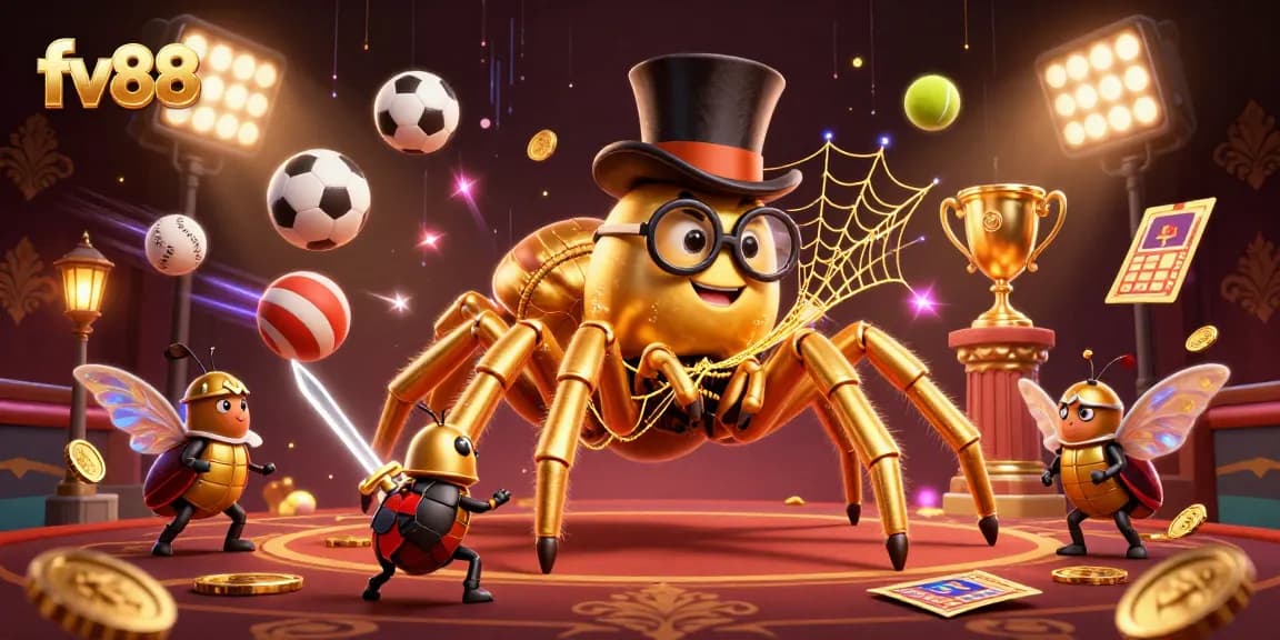 Experience the thrill of fv88 with golden spider weaving winning strategies in a vibrant casino scene.