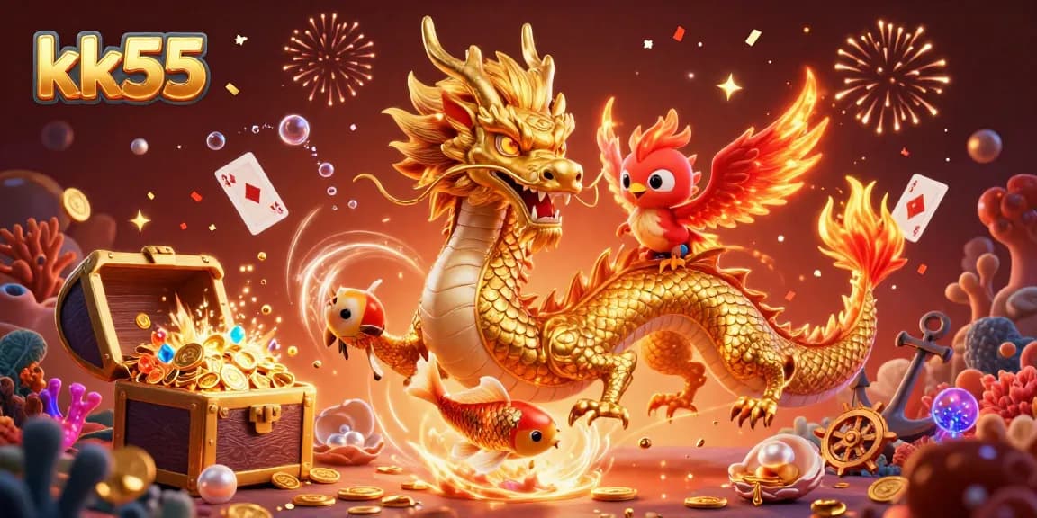 Experience excitement at KK55 with a golden dragon, phoenix, and koi fish in a vibrant casino scene.