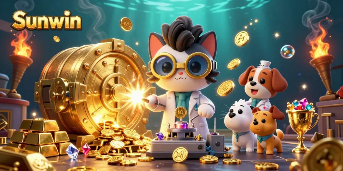 Sunwin showcases thrilling casino adventures with a cartoon mad scientist cat creating golden treasures.