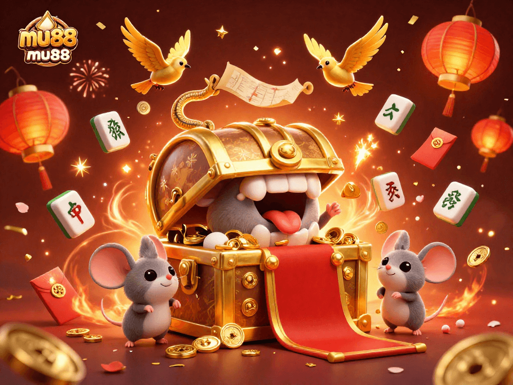 Join the excitement at mu88 with treasures and festive elements in a vibrant casino illustration.