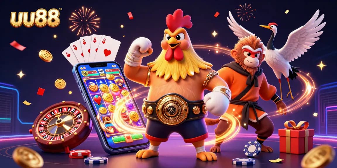 Join the excitement of uu88 with a Muay Thai rooster and martial artists in a vibrant casino scene.