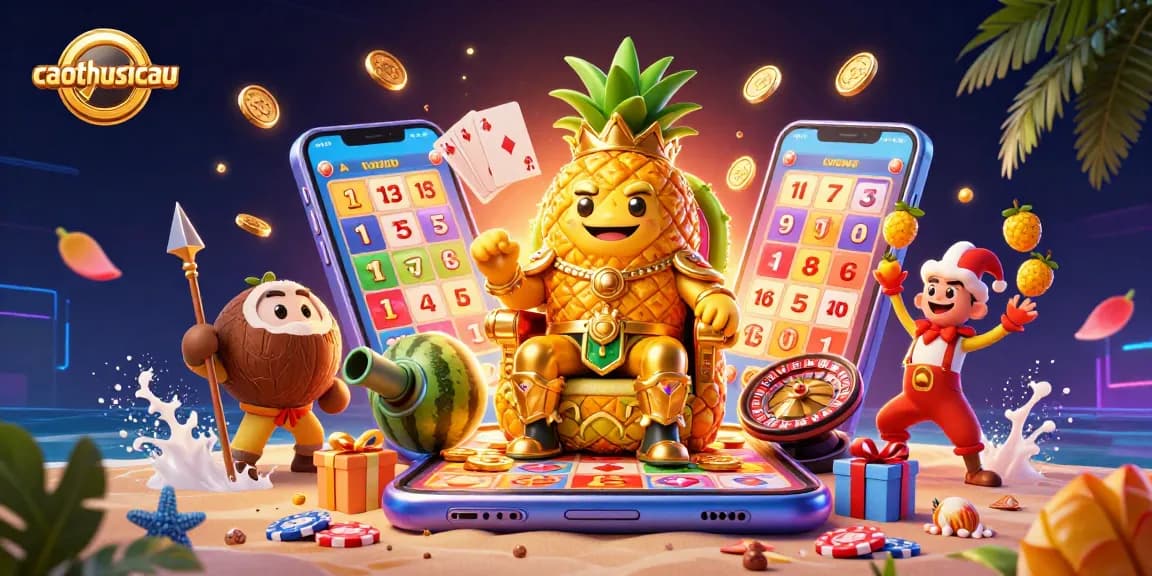Experience exciting lottery action with caothusoicau featuring a golden pineapple king and vibrant casino elements.