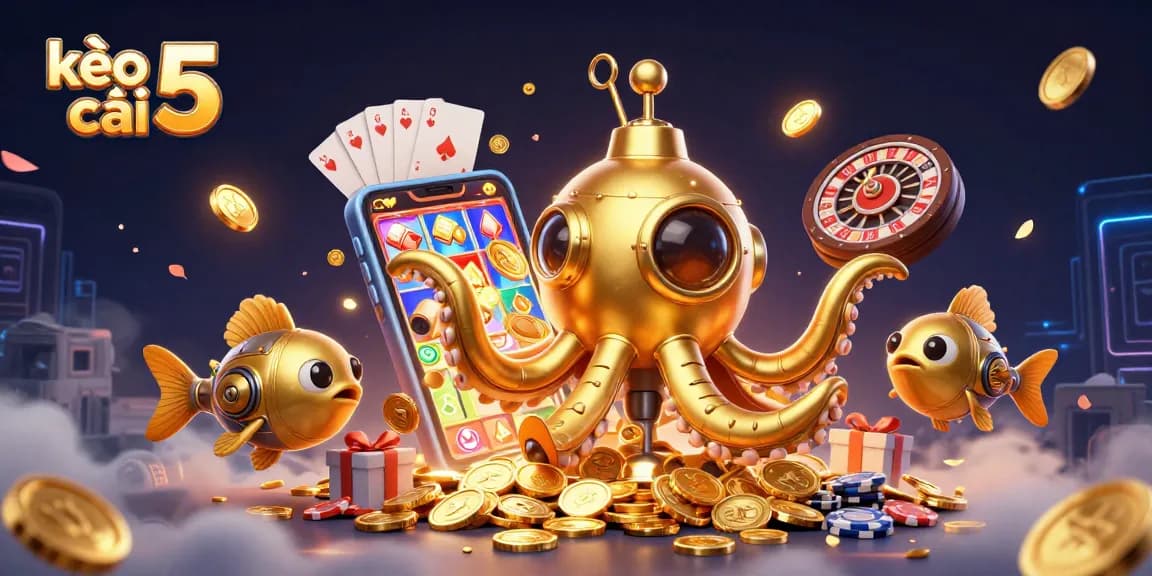 kèo nhà cái 5 showcases an exciting underwater casino scene with a golden kraken and dynamic game elements
