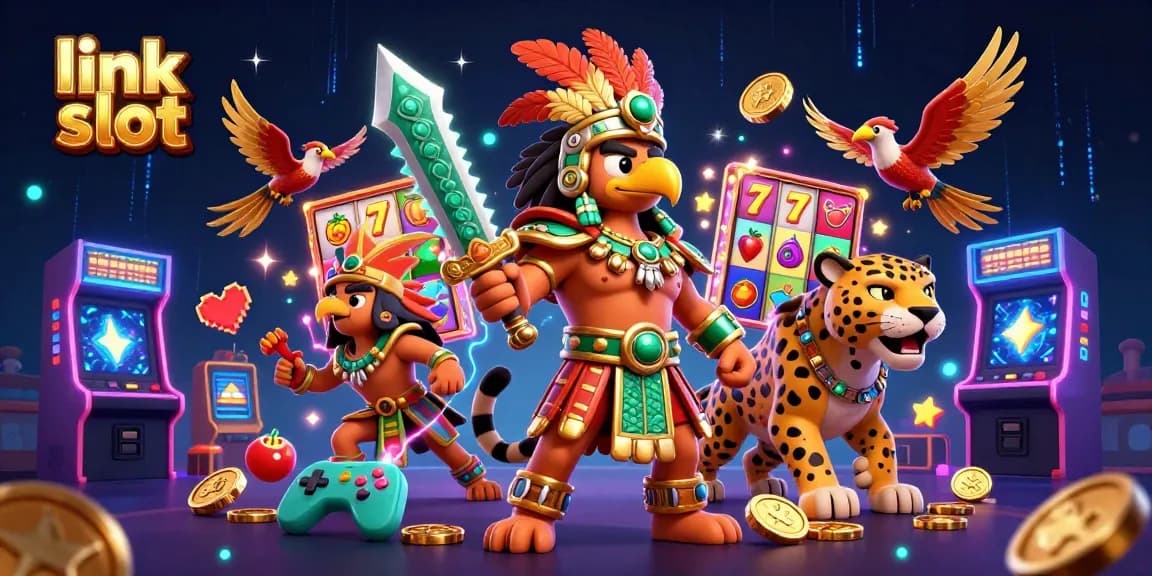 Bermain link slot dengan karakter petarung Aztec dan mesin slot berputar yang menarik.