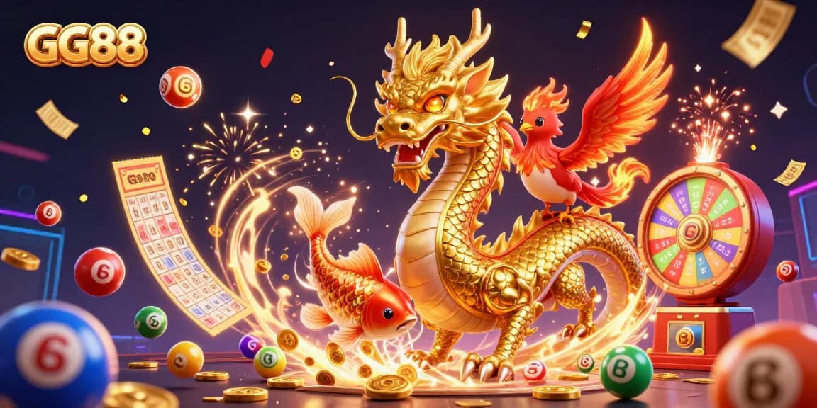 GG88 offers vibrant games with a dragon, phoenix, and koi, celebrating jackpots and wins!