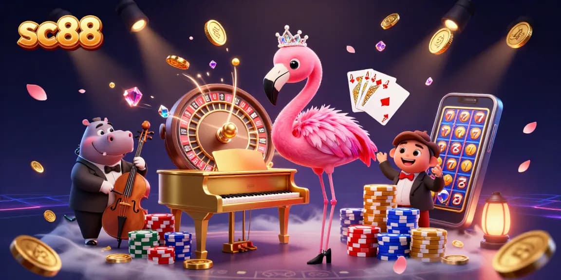 Experience excitement with sc88's animated casino scene featuring vibrant characters and lively game elements.