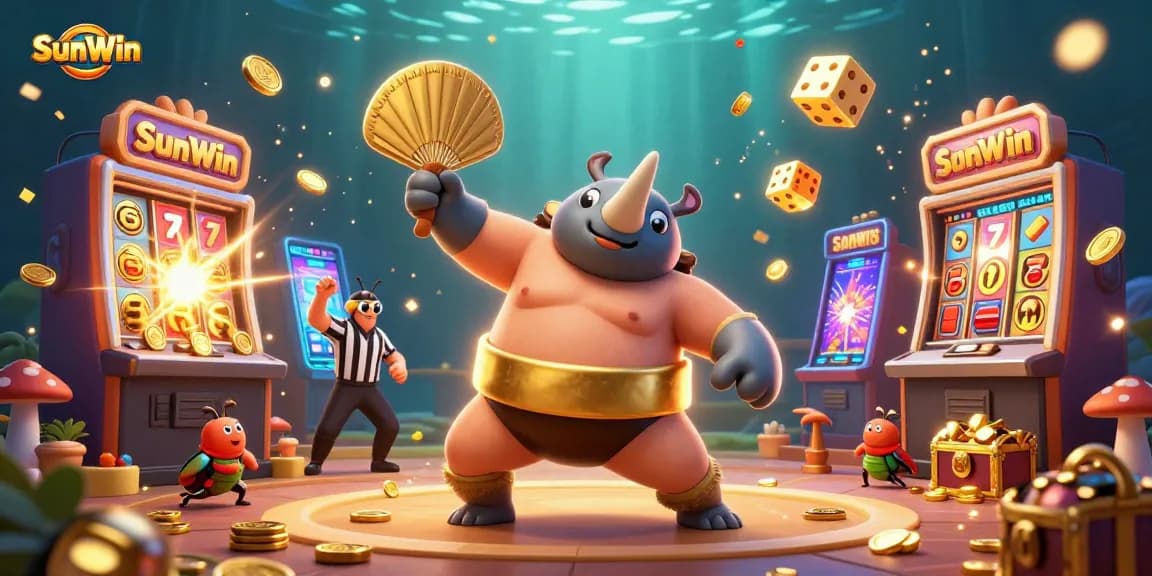 SunWin's 3D illustration shows a beetle champion amidst a jackpot explosion of casino elements, creating excitement.