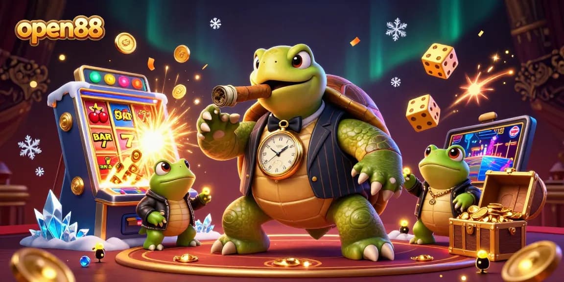 Experience open88's immersive casino action with a cartoon turtle mobster and frog enforcers.