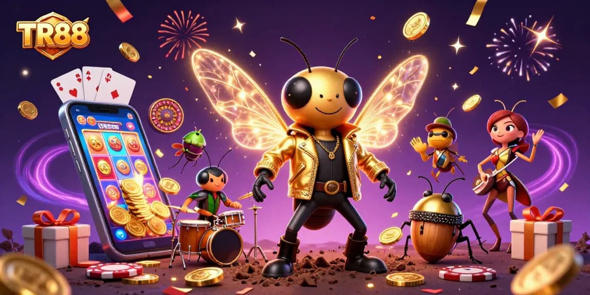Engage with TR88 casino thrill featuring a rock star cicada, with dynamic elements of gaming excitement.