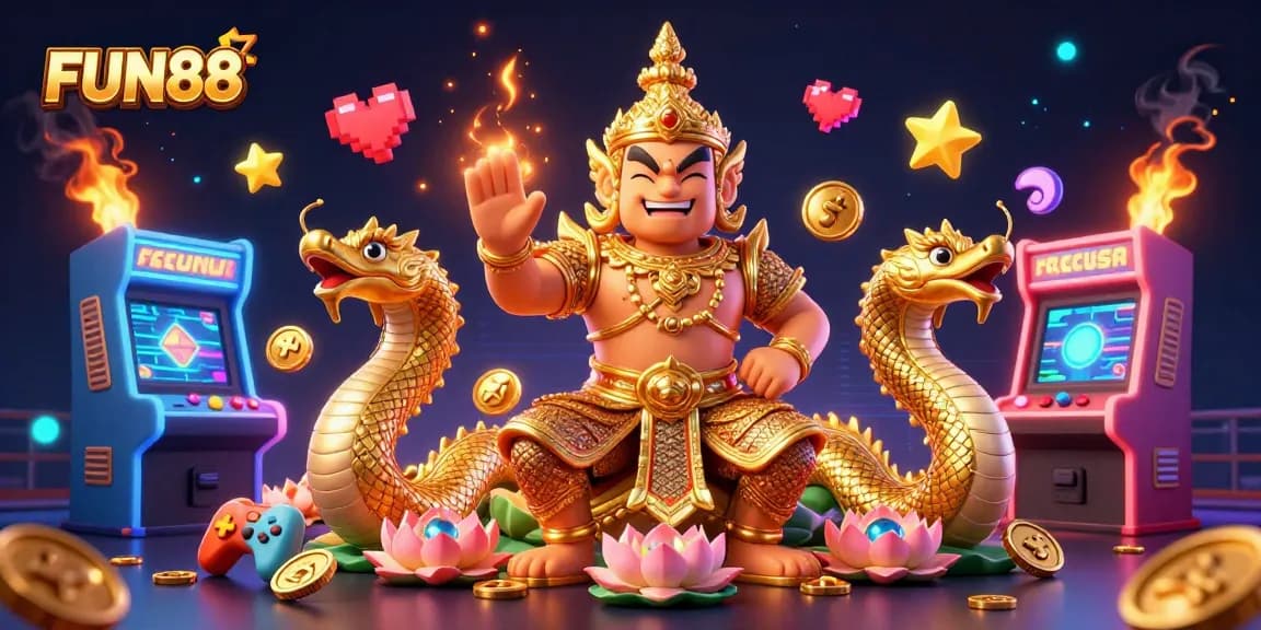Experience FUN88 with vibrant casino games and immersive characters in a stunning 3D illustration.