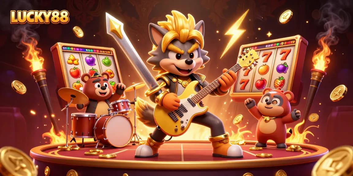 Experience thrilling gameplay with LUCKY88, where slot reels spin alongside golden guitars and dynamic characters.