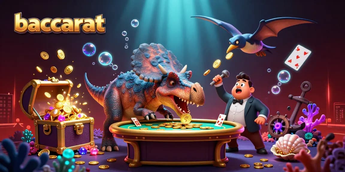 Baccarat excitement visualized with dinosaurs and golden coins in a thrilling casino scene.
