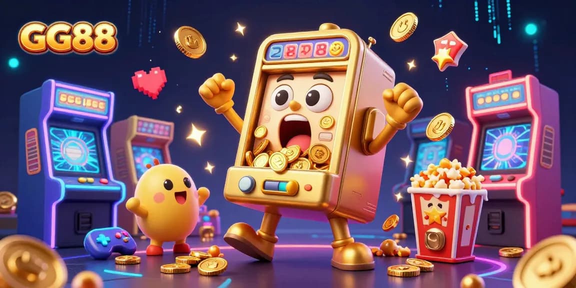 GG88 slot machine celebrates a huge jackpot with coins flying and cheerful baby machines beside it.