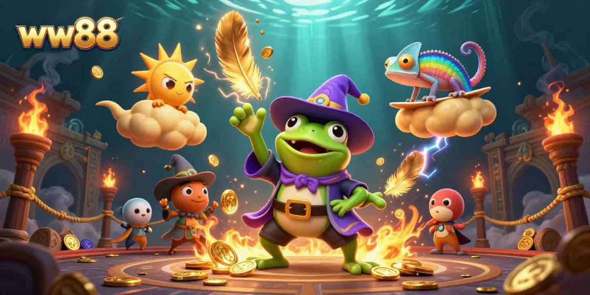 Experience epic wins with ww88 as the weather wizard frog conjures golden coins in this vibrant casino scene.