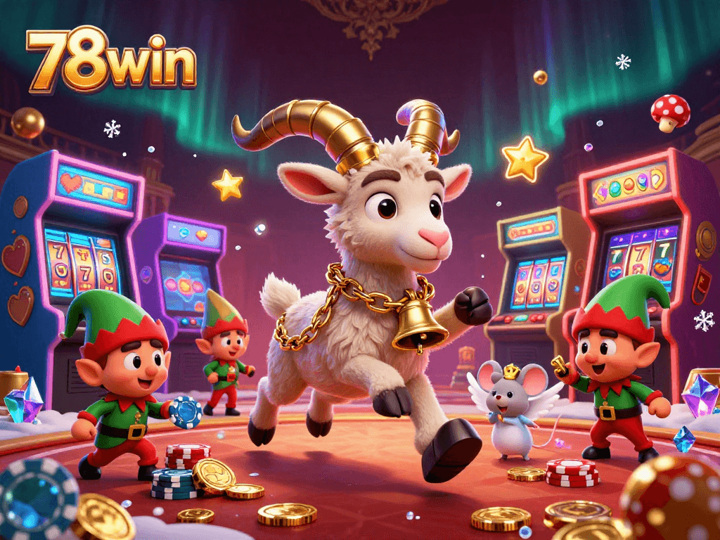 Experience the thrill of 78win at a lively casino with festive characters stealing poker chips amidst glowing games.