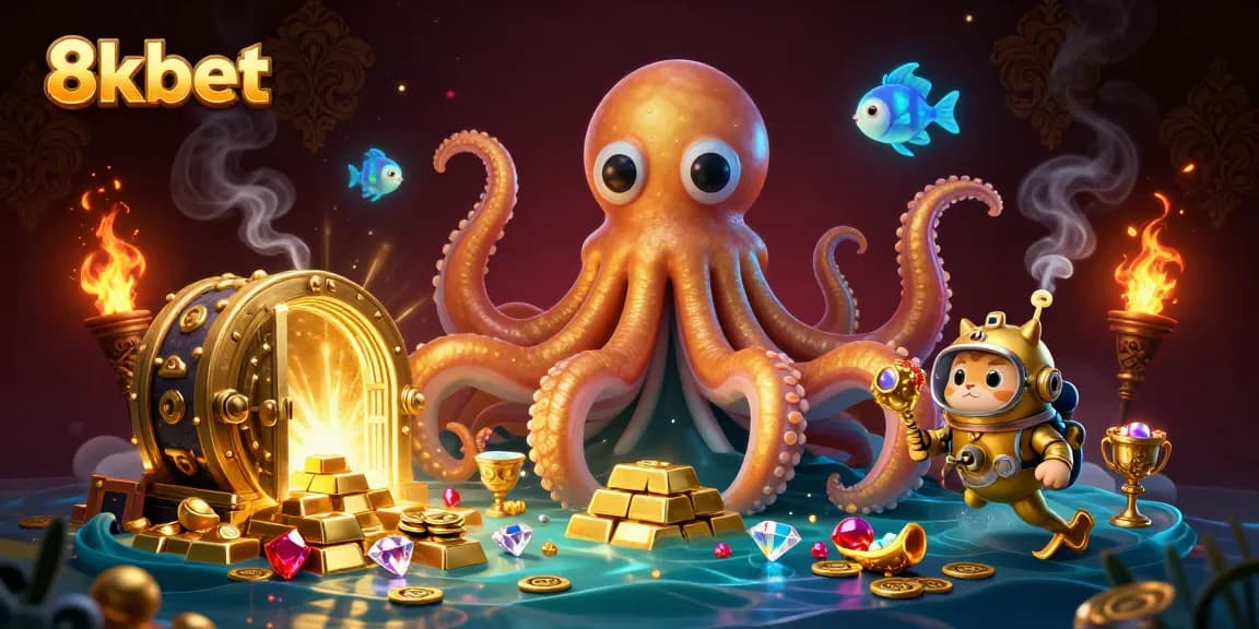Engage in gaming excitement at 8kbet with a vivid underwater scene featuring a kraken and diving cat.