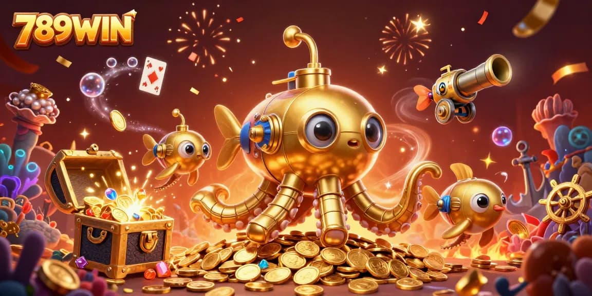 Engage with 789WIN's thrilling casino experience in a vibrant underwater adventure scene with golden treasures.