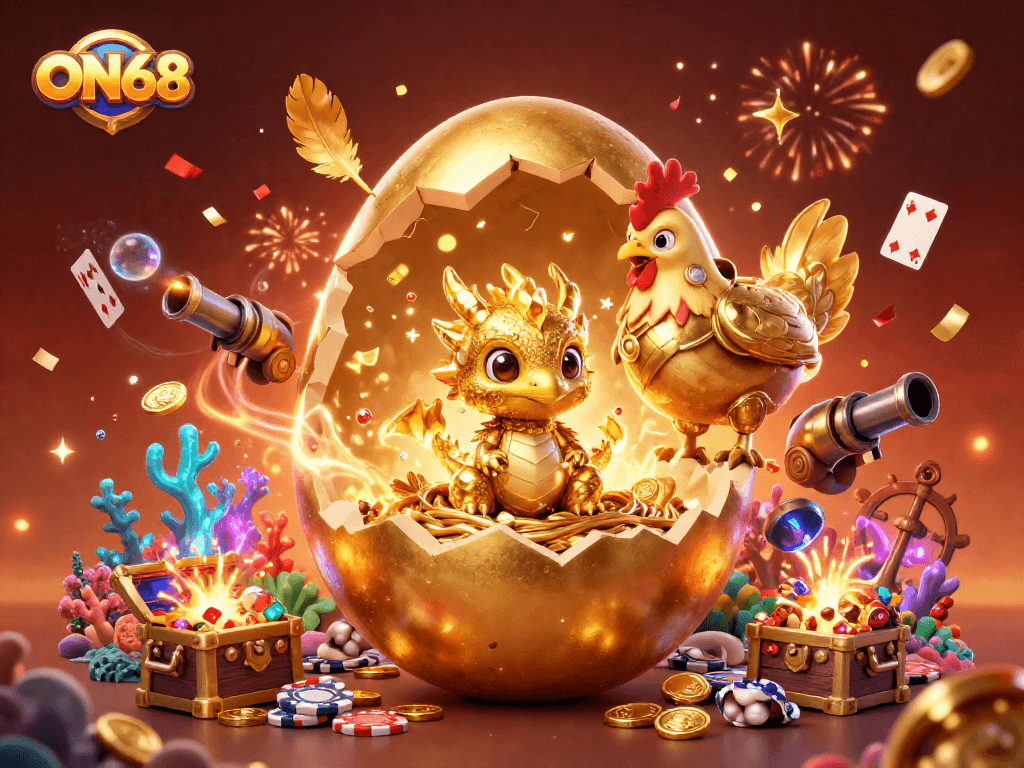 Experience the thrill of winning with ON68's captivating golden dragon and poker chips.