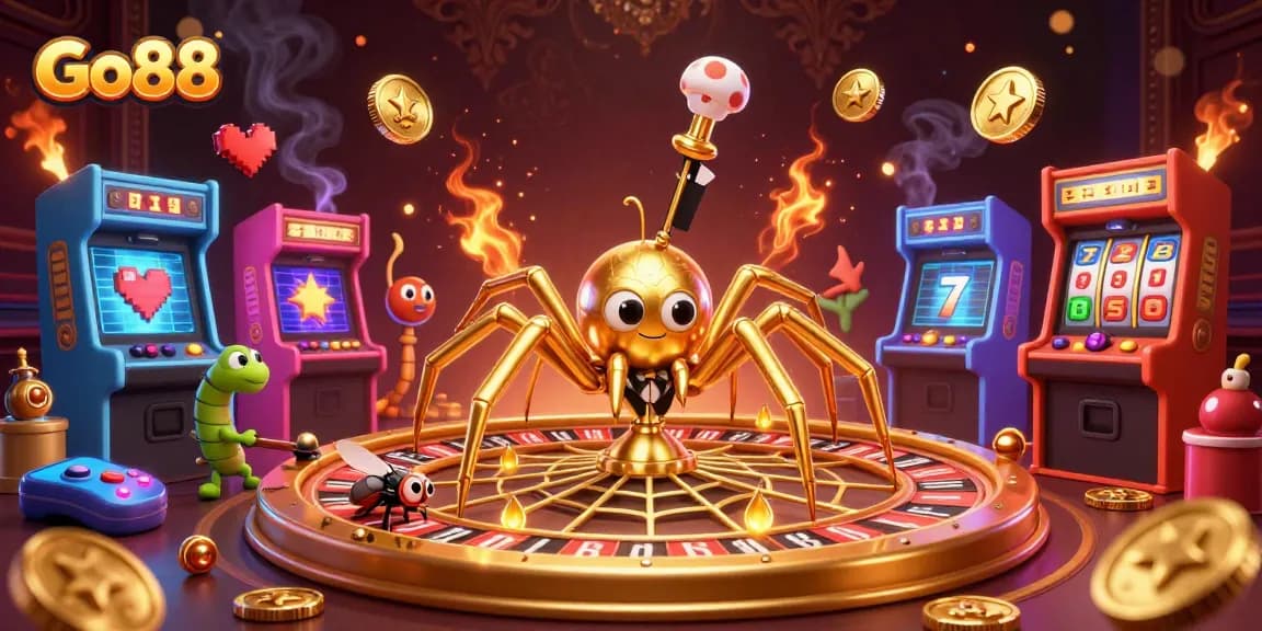 Experience the thrill of Go88 gaming with a golden roulette wheel and dynamic characters in action.