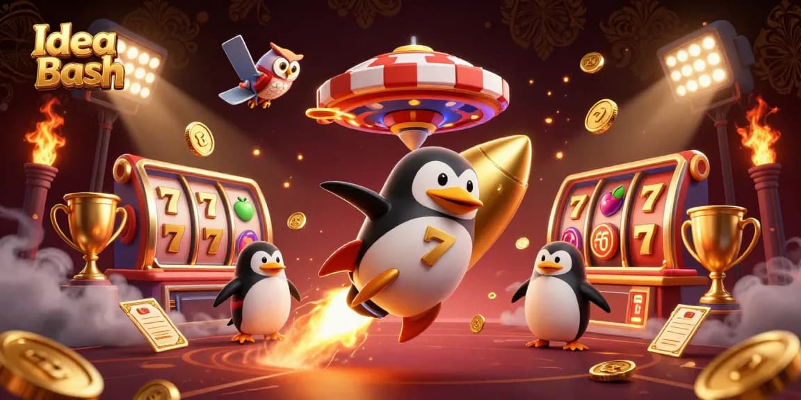 Bet on fun with Idea Bash as a golden penguin rockets towards the casino in a dynamic scene.