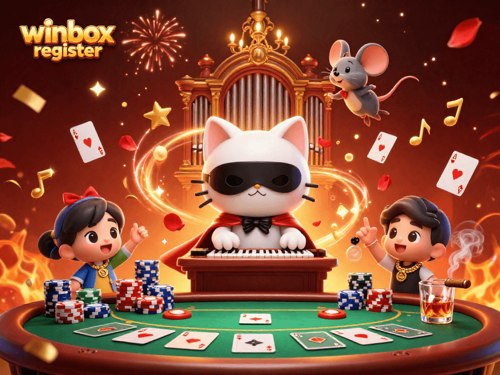 Engage in thrilling games with Winbox register, featuring vibrant 3D casino characters and an energetic atmosphere.