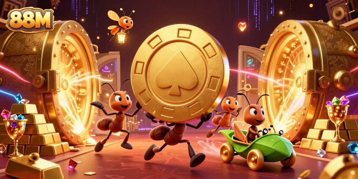 Experience the excitement of 88M with playful cartoon ants and a grasshopper driver racing through a casino heist scene.
