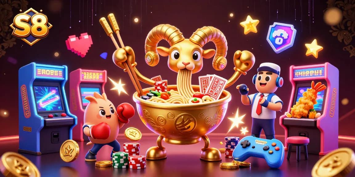 S8 illustrates a fun and vibrant scene with cartoon characters and gaming elements in action.