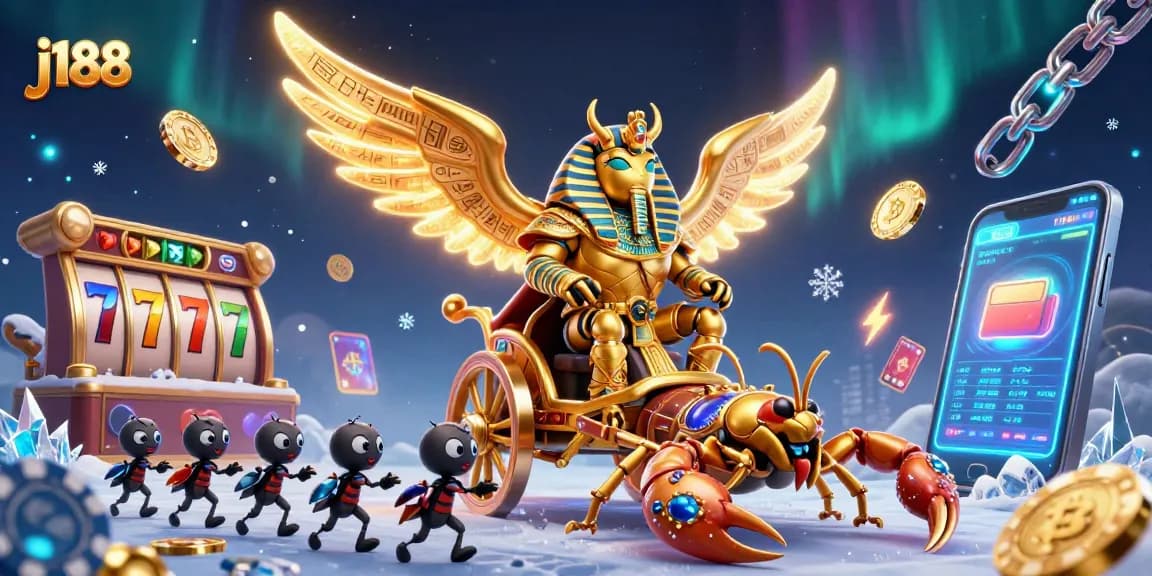 Experience thrilling j188 gameplay with a golden scarab character leading a dynamic casino scene.