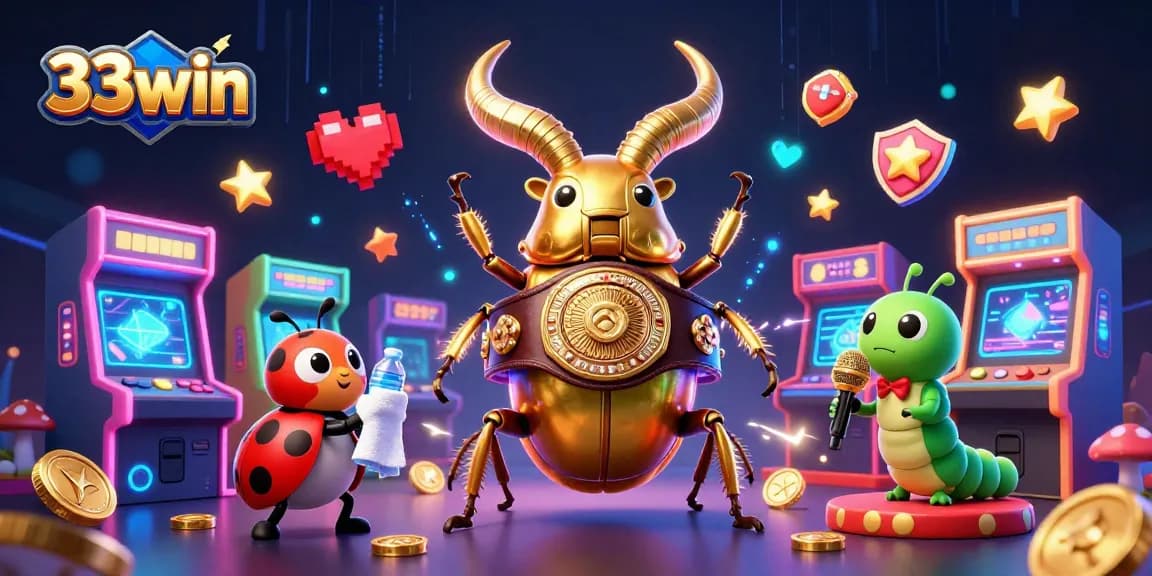 Join the excitement at 33win with a giant beetle boxing champion illustration amid colorful casino elements.