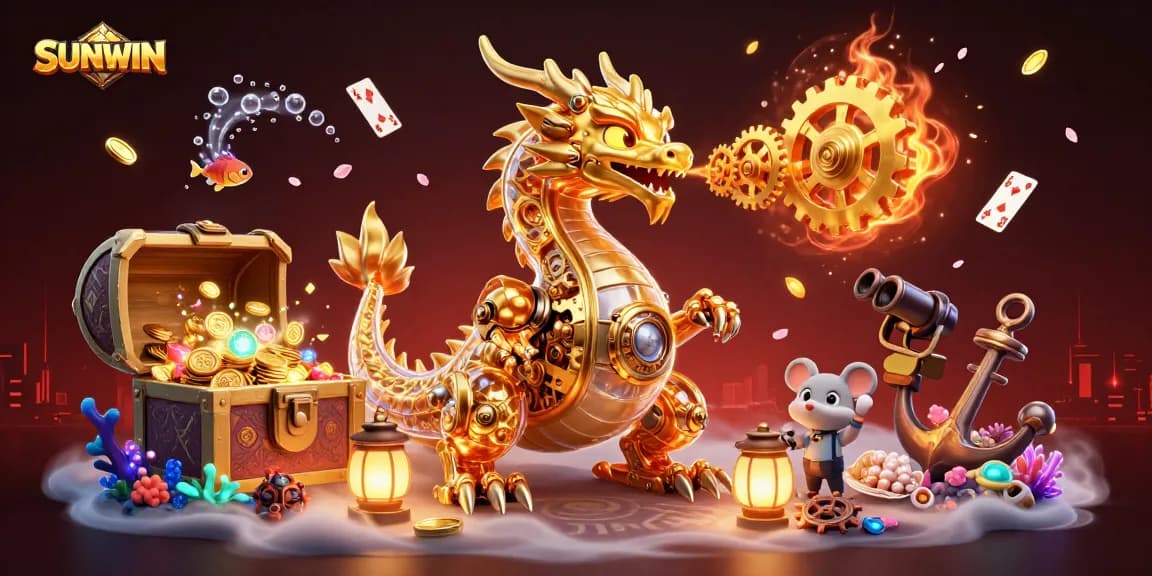 SUNWIN delivers thrilling casino action with a golden dragon unleashing gears, surrounded by treasures and playing cards.