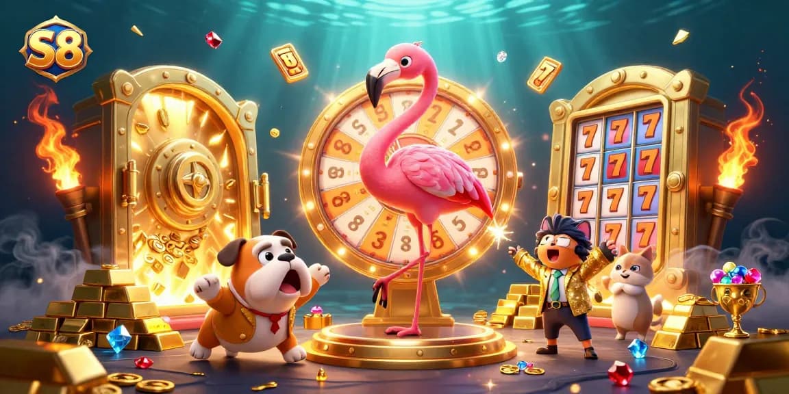 S8 spins jackpots and treasures with lively characters in this vibrant casino scene.