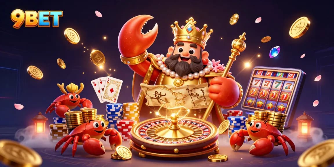 Engage with 9BET's captivating casino atmosphere featuring a golden crab emperor surrounded by treasure.