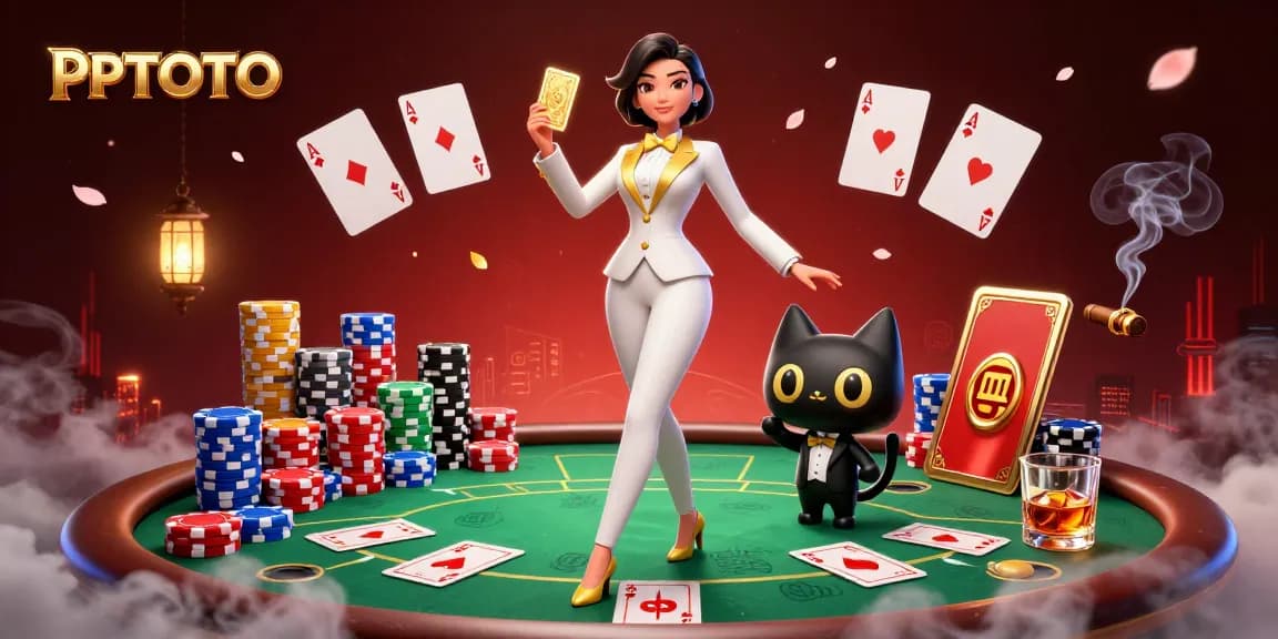 PPTOTO mengocok kartu di meja poker, ditampilkan dengan elemen kasino yang berwarna-warni dan suasana yang menarik.