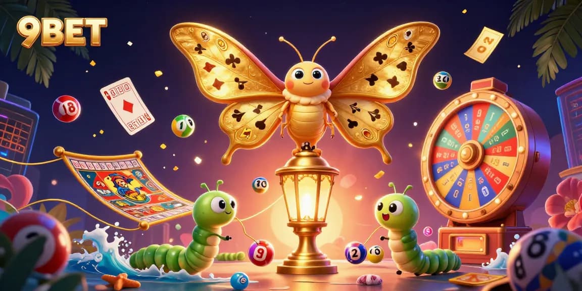 Experience the excitement of 9BET as the golden-winged moth and dynamic gaming elements come together in a thrilling casino scene.