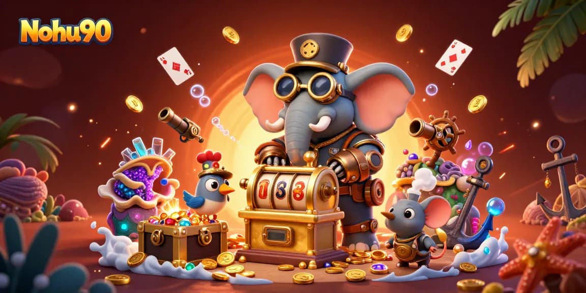 Nohu90 showcases thrilling slot machine action with a dynamic 3D steampunk elephant in an engaging casino scene.