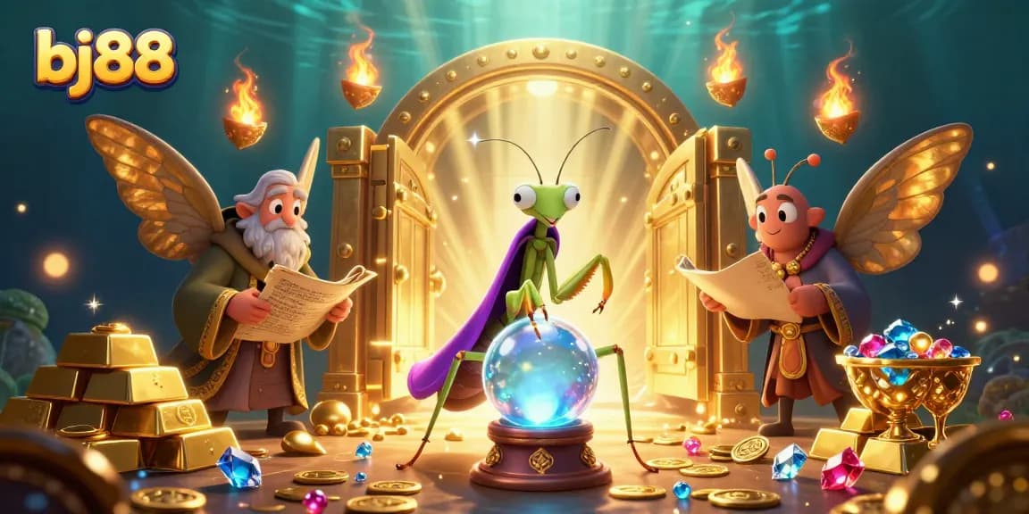 Engage in immersive gameplay at bj88 with a vibrant casino scene, featuring unique characters and riches.