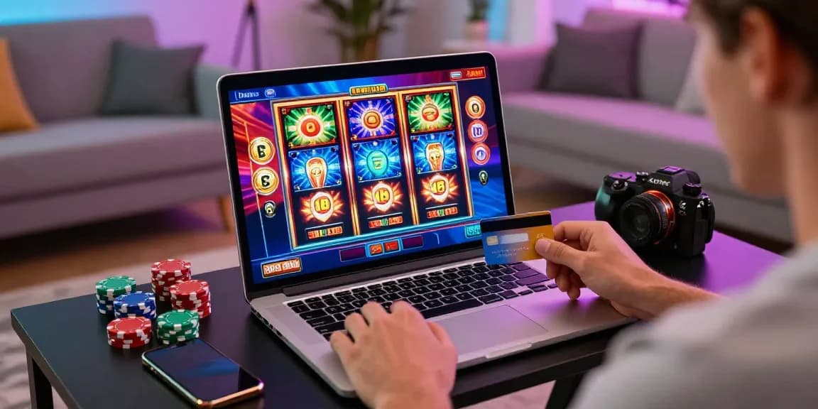 Exciting online casino experience at jumpspace.org.uk with credit card gaming setup in modern living room.