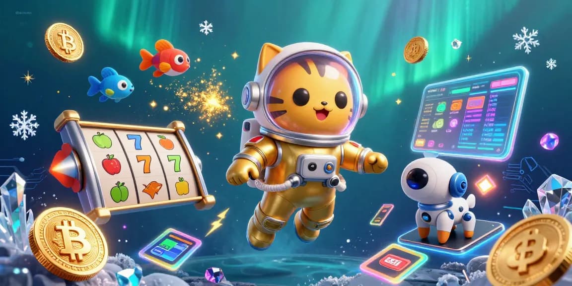 Engage with 888NEW in a vibrant casino scene featuring a space cat, robot dog, and slot reels.