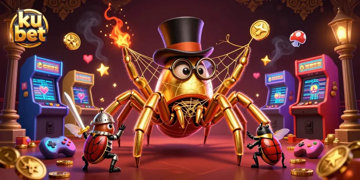 Engage in the vibrant world of ku bet with a golden tarantula and beetle knight amidst casino excitement.