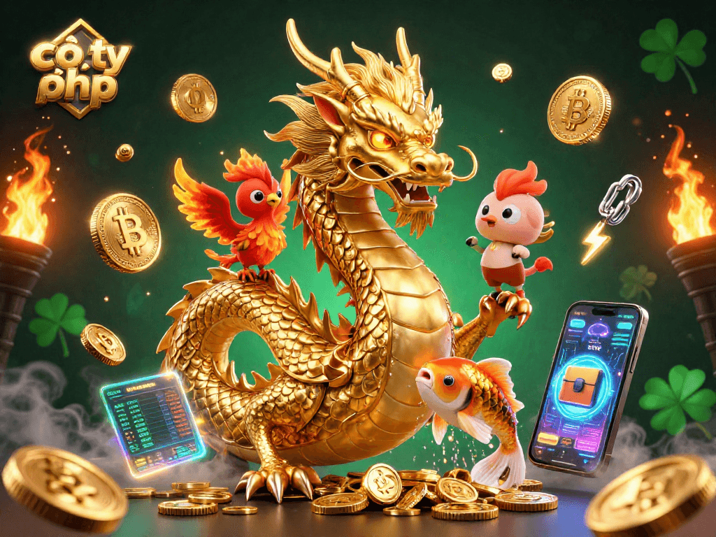 Experience the strategy of cờ tỷ phú with a dragon, phoenix, and koi fish in a vibrant casino illustration.
