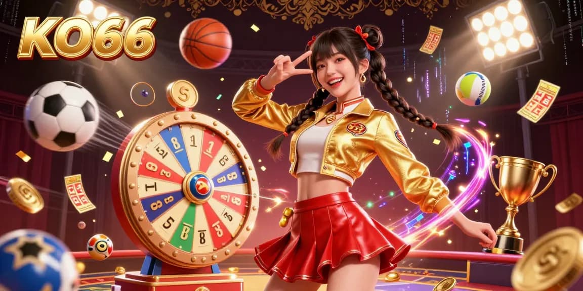 Engage with the dynamic gaming experience of KO66, showcasing colorful lottery elements amidst exciting casino action.