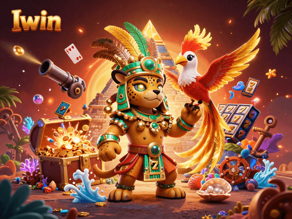 Iwin showcases a lively 3D casino scene with a Mayan jaguar priest, slot elements, and treasures