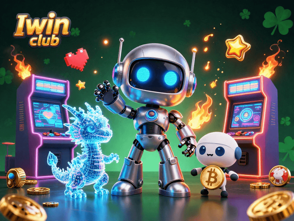 Iwin club showcases a vibrant scene with a cyberpunk robot, AI dragon, and a bitcoin-carrying drone amidst dynamic casino game elements.