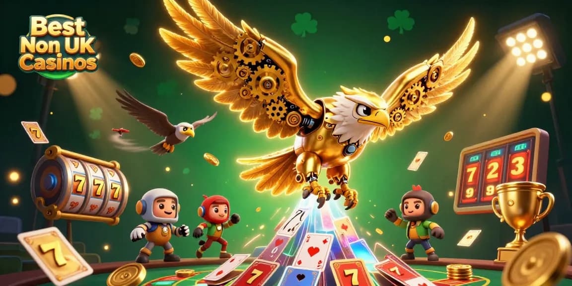 Explore thrilling gameplay at Best Non UK Casinos with a dynamic scene of cybernetic characters and vibrant casino elements.