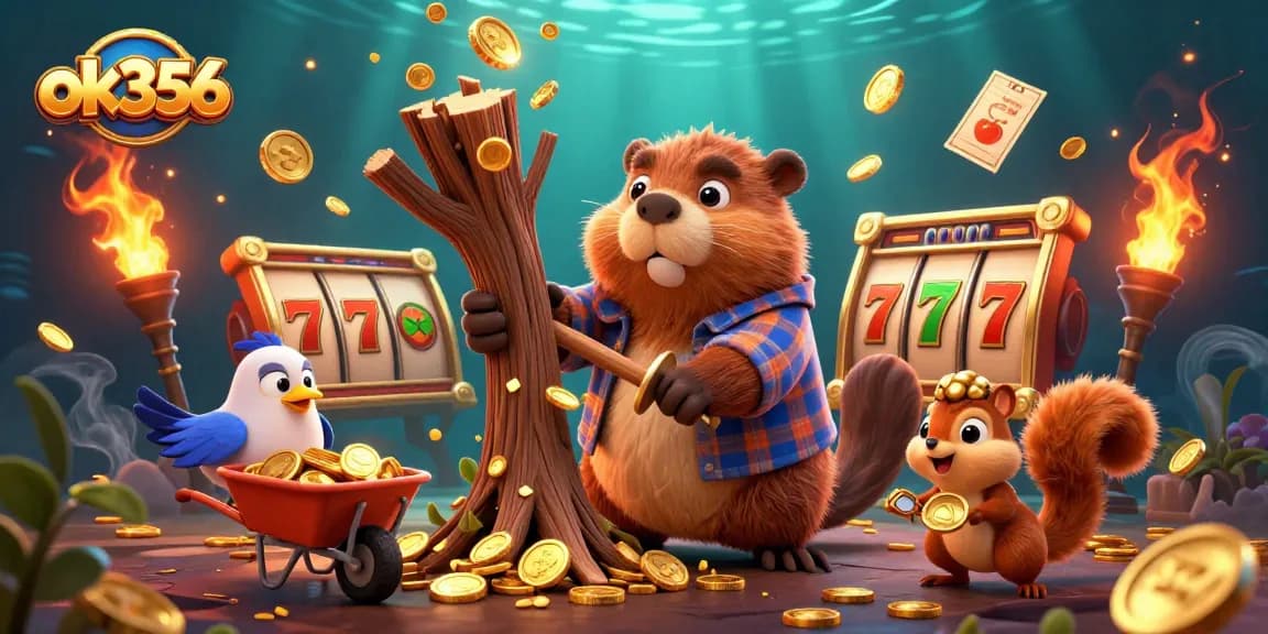 Engage with thrilling casino fun featuring ok356 as beaver and friends collect golden coins amidst exciting slot games.