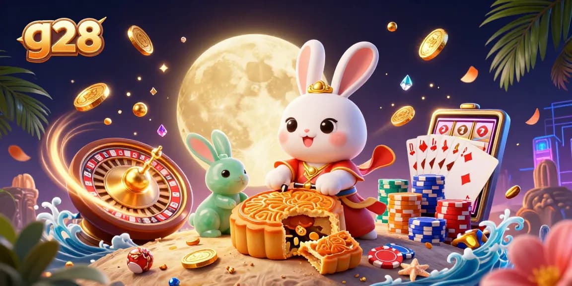 Join the g28 moon rabbit as it reveals poker chips from mooncakes under a vibrant casino backdrop.