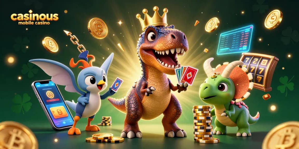Engage in thrilling action at the casinous mobile casino with lively cartoon characters and Bitcoin coins.